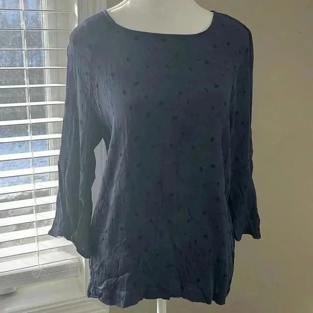 [Eu40/US M]Yaya Anthropologie 3/4 Flower Sleeve Silk Blue Blouse Flying Crane